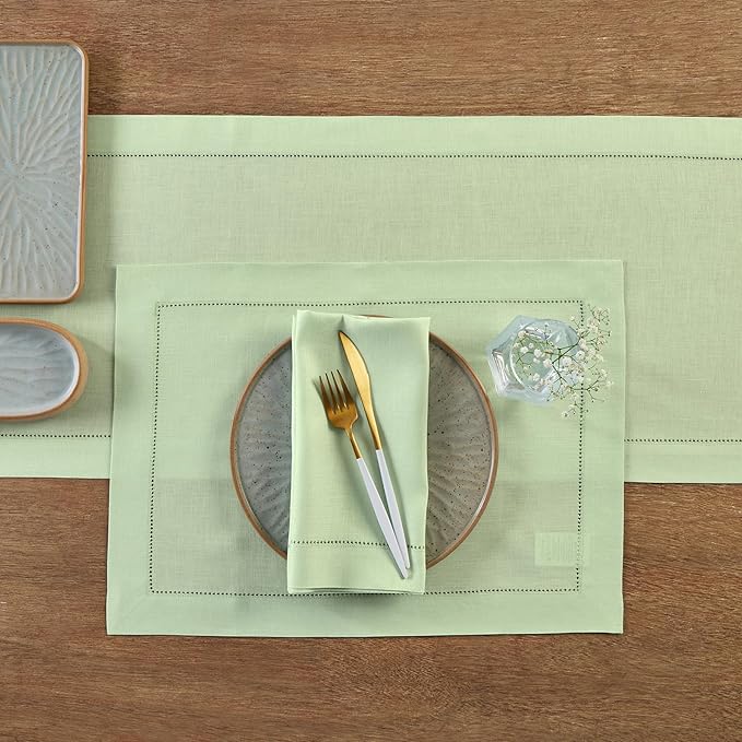 Solino Home Linen Table Runner 90 Inches Long - 100% Pure Linen Light Green Table Runner 14 x 90 Inch - Classic Hemstitch