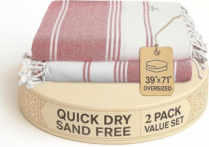LANE LINEN Turkish Beach Towel 2 Pack, Oversized Beach Towel 39"x71", Lightweight Beach Essentials for Women, Large Pool Towel, Absorbent & Quick Dry, Sand Free Beach Towel - Hibiscus