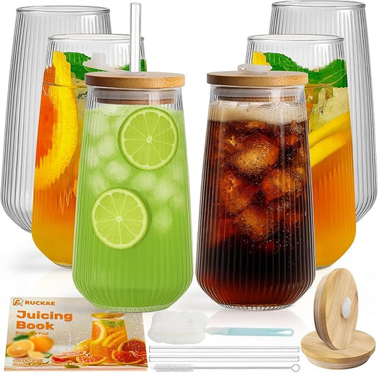 Ruckae Borosilicate Glass Cups with Lids and Straws,16oz Reusable Iced Coffee Cup with Lid Glass Cups 6 Pack for Coffee Bar Accessories,Smoothie,Juice,Durable Clear Tumbler Cups for Home,Office,Travel