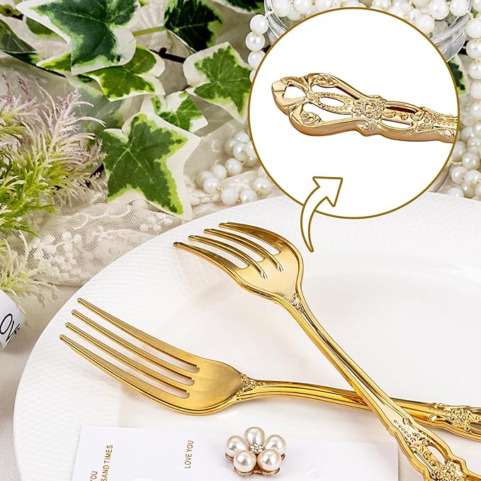 150PCS Gold Plastic Forks - 8.1inch Gold Forks Disposable - Vintage Heavy Duty Dessert Forks - Premium Fancy Plastic Silverware for Parties, Weddings, Dinners and Events