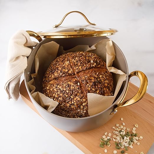 Bloomhouse - Two Time Oprah's Favorite Things Winner - 6 Quart Heavy Duty Aluminum Premium PFA Free Ceramic Nonstick Dutch Oven Pot with Lid - Cappuccino Cream with Gold Handle