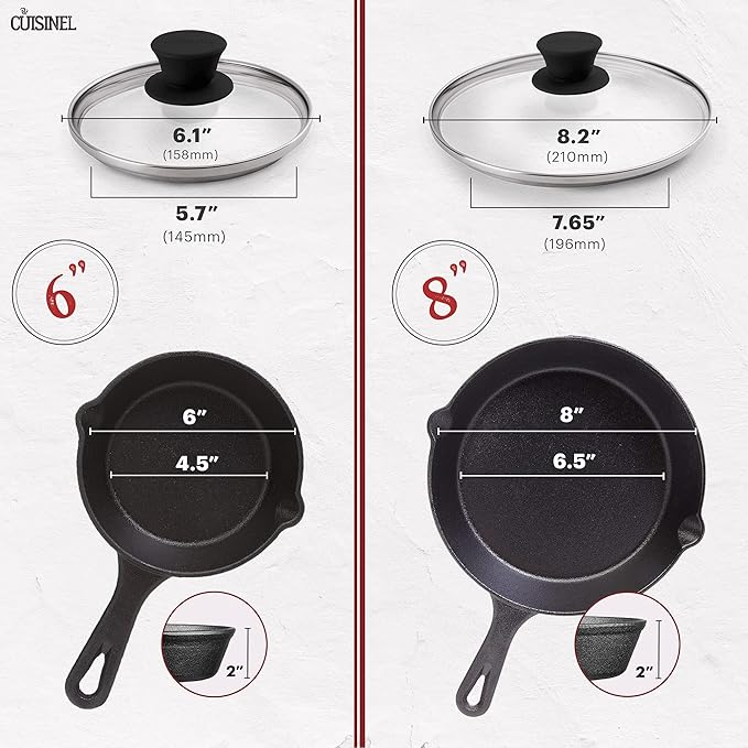 Cuisinel Cast Iron Skillets Set - 6"+8"+10+12"-Inch + Glass Lids + Silicone Handle Holder Cover Grips - Pre-Seasoned Frying Pan - Oven Cookware - Use Indoor/Outdoor, Grill, Stovetop, Fire