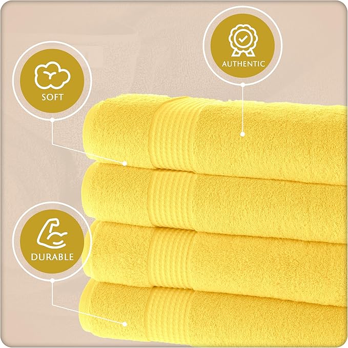 MAURA Basics Performance Bath Towels 100% Turkish Cotton with Hook Loops. Extra Large Luxury Absorbent Plush Towel Sets for Bathroom, Daily Use American Standard Size 27”x54”, Yellow