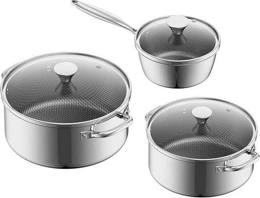 Stainless Steel Pots and Pans Set,6 Piece Nonstick Cookware Set,1,2 and 4 Quart Pots Set with Glass Lids,PFAS PFOA PTFE Free,Stay-Cool Handle,Dishwasher-Friendly,Oven-Safe,Compatible with All Cooktops