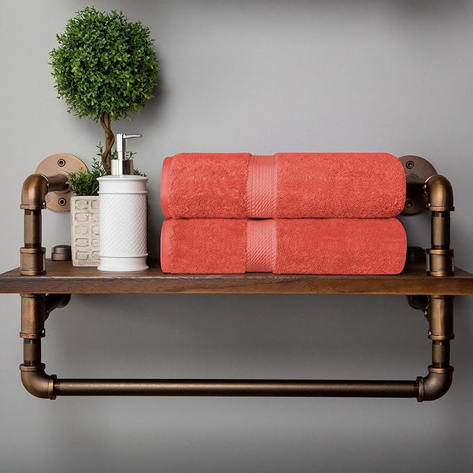 Superior Egyptian Cotton Pile Bath Towel Set of 2, Ultra Soft Luxury Towels, Thick Plush Essentials, Absorbent Heavyweight, Guest Bath, Hotel, Spa, Home Bathroom, Shower Basics, Coral