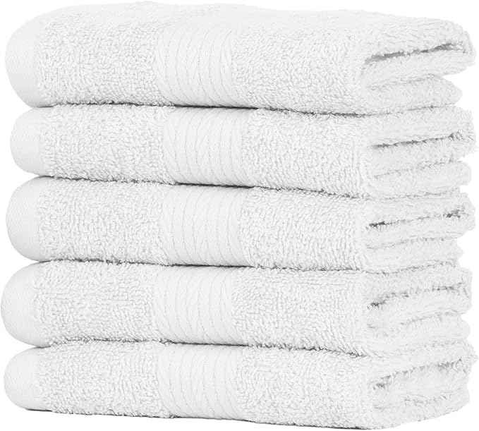 Ample Decor Washcloths Pack of 5 12 X 12 Inch, 600 GSM 100% Cotton Soft Absorbent, Premium Quality Durable Ideal for Bathroom, Pool, Hotel, Spa - Christmas White