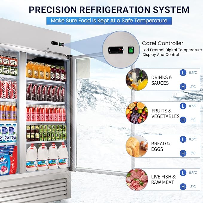 49Cu.Ft Commercial Refrigerator Merchandiser, 54" Display Refrigerator with 2 Glass Doors, Upright Fridge Stainless Steel Cooler with LED Lighting for Restaurant Kitchen