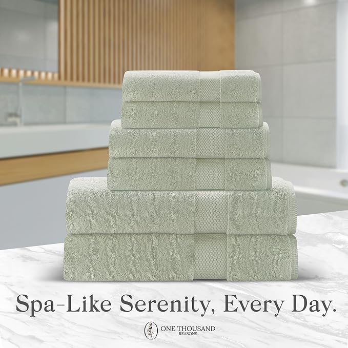 Premium Staple Cotton Bathroom Towel Set - Sage Green 600 GSM 6-Piece Luxury Bath Towel Set 1 Stripe - 2 Bath Towels, 2 Hand Towels & 2 Washclothes Set - High Absorbent & Quick Dry for Gym, Spa, Hotel