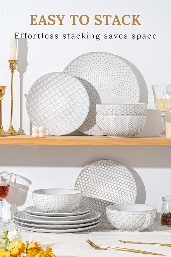12 Piece Embossed Dinnerware Sets for 4, Elegant Plates and Bowls Sets, Microwave & Dishwasher Safe, Stoneware for Stylish Home Dining–Perfect Housewarming Gift for Busy Families & Hostesses