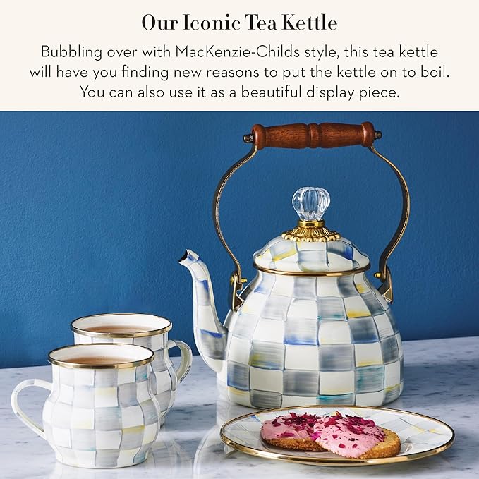 MACKENZIE-CHILDS Enamel Tea Kettle, Stylish Tea Kettle for Stovetop, Grey-and-White Sterling Check, 2 Quarts