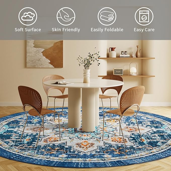 Easy-Going Round Rug 5ft Area Rug Washable Boho Circle Rugs for Living Room Non-Slip Bedroom Rug Low Pile Lightweight Tangerine Vintage Throw Rug for Dining Room Kitchen Office, Floral Aqua Yellow