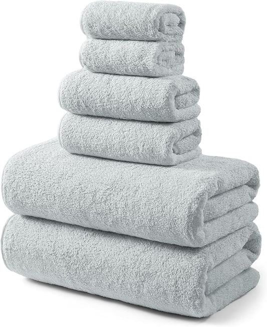 REDKISS 6-Piece Bath Towel Set, Ultra-Plush & Highly Absorbent 100% Cotton Towels for Bathroom, Grey Set Includes 2 Bath Towels, 2 Hand Towels, 2 Washcloths