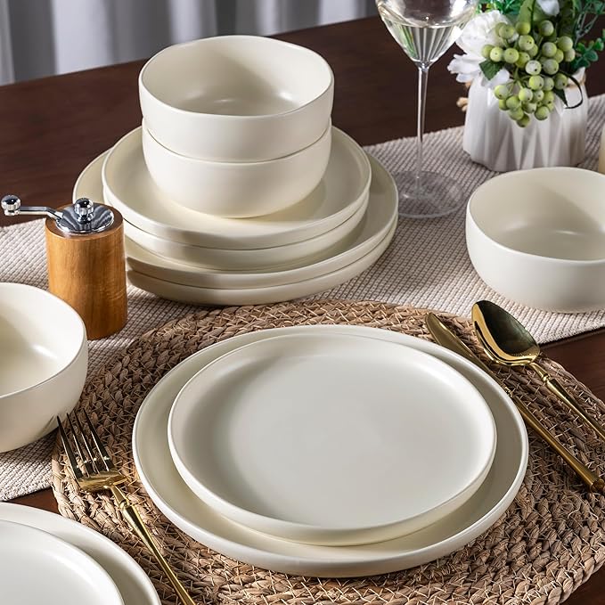 AmorArc Ceramic Dinnerware Sets, Wavy Rim StonewarePlates and Bowls Sets, Highly Chip and Crack Resistant | Dishwasher & Microwave & Oven Safe Dishes set, Service for 8 (24pc)