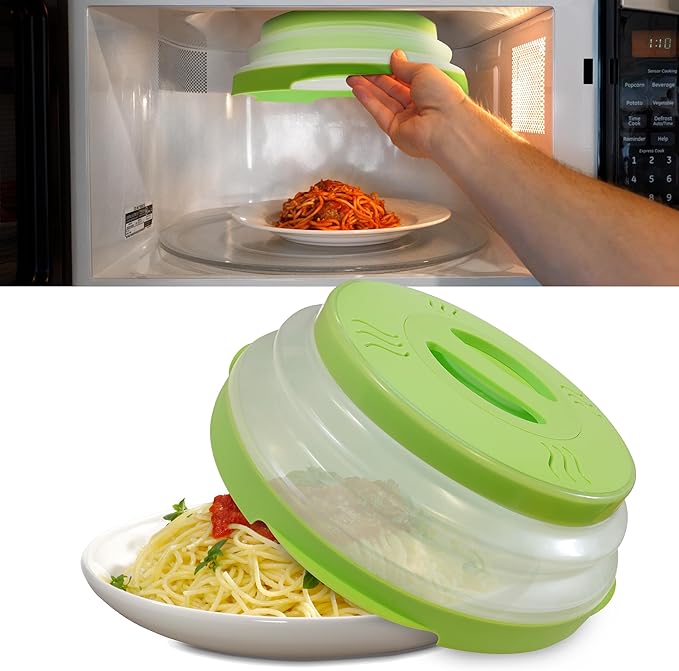 HOVER COVER Magnetic Microwave Splatter Cover with High Power, Strongest Magnetic Grip, Collapsible 12-Inch BPA-Free Food Lid, Vented Plate Guard, Dishwasher Safe, Space-Saving Storage - Green