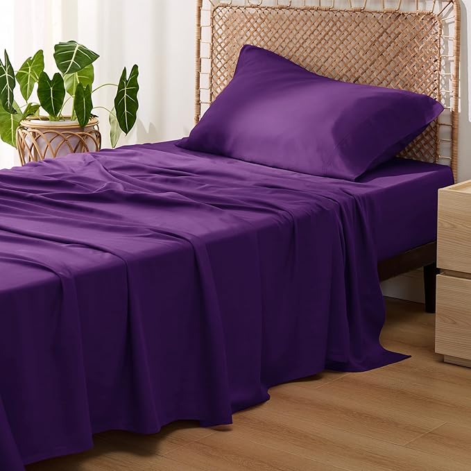 Bedsure Cooling Sheets Twin, Rayon Derived from Bamboo, Breathable & Soft Twin Sheets Set, Deep Pocket Up to 16 Inches, Hotel Luxury Silky Bedding for Hot Sleepers, Plum