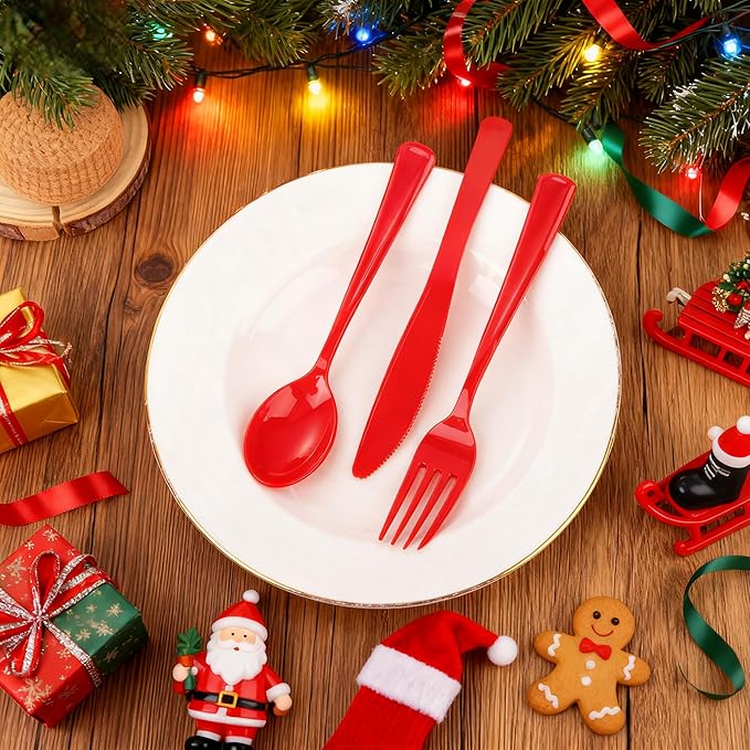 WDF 160 Piece Red Plastic Silverware - Heavy Duty Christmas Silverware of 80 Forks, 40 Spoons, 40 Knives - Red Plastic Utensils Perfect for Christmas Party & Daily Using
