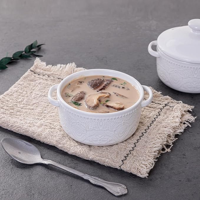 Mini Cocotte Set, 10 OZ Small Casserole Dishes with Lids, Ceramic Kitchen Casserole Sets With Handles, French Onion Soup Bowls, Soup Crocks for French Onion, Desserts, Beef Stew, Cereal, Pot Pies, Set of 4 (White)