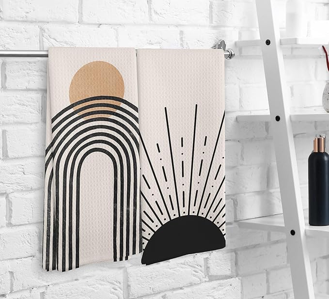Boho Black Sun Sunrise Sunshine Rainbow Kitchen Towels and Dishcloths Sets of 2,Bohemian Absorbent Drying Cloth Hand Towels Tea Towels for Bathroom Kitchen,Boho Gifts for Women Girls,16×24 inches