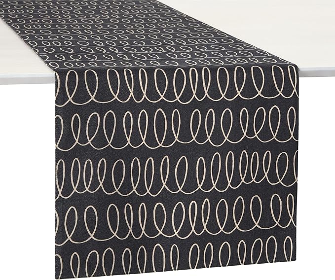 Kate Spade New York in The Loop & Joy Dot Reversible Table Runner, 100% Cotton, Machine Washable, Black/Beige, 15"x108"