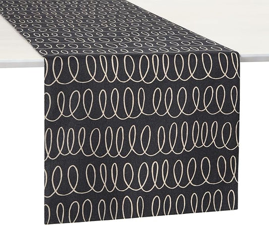 Kate Spade New York in The Loop & Joy Dot Reversible Table Runner, 100% Cotton, Machine Washable, Black/Beige, 15"x108"