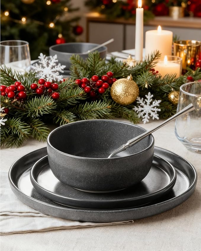 Famiware Milkyway Plates and Bowls Sets, 12 Pieces Dinnerware Sets, Reactive Glaze Dish Set, Stoneware Dishes Set for 4, Matte Dark Charcoal