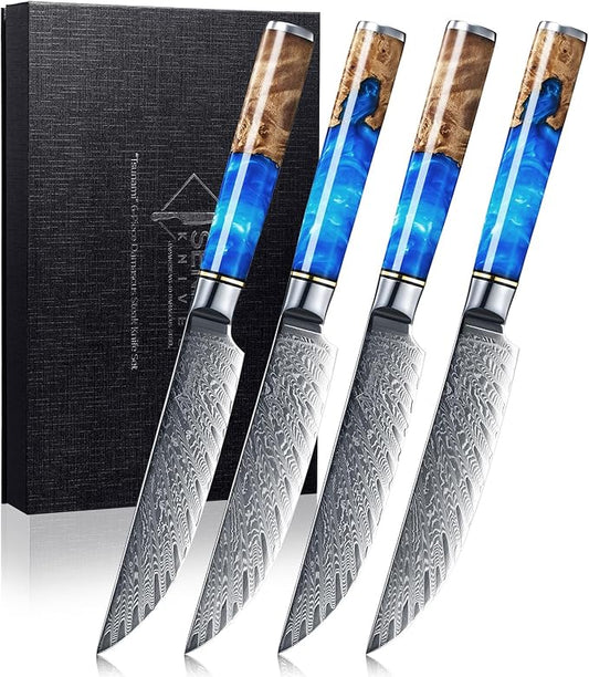 SENKEN Damascus Steak Knife Set - Tsunami Collection - 67-Layer Japanese VG10 Steel - Razor Sharp Non-Serrated Blades, Blue Resin & Natural Wood Pattern Handles, Luxury Gift Box (4 Steak Knife Set)
