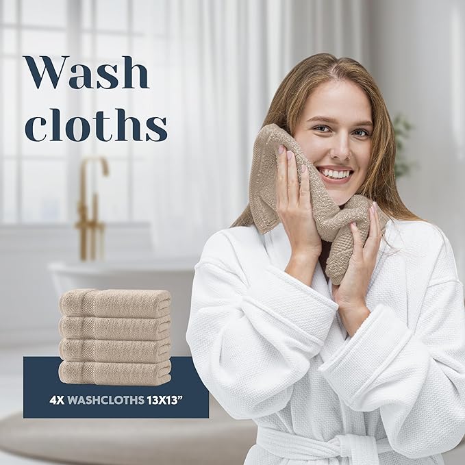 White Classic Luxury Bath Towel Set of 8 Pieces - 100% Turkish Cotton Highly Absorbent Towels for Bathroom, 2 Luxury Bath Towels 700GSM, 2 Hand Towels, 4 Washcloths, Taupe