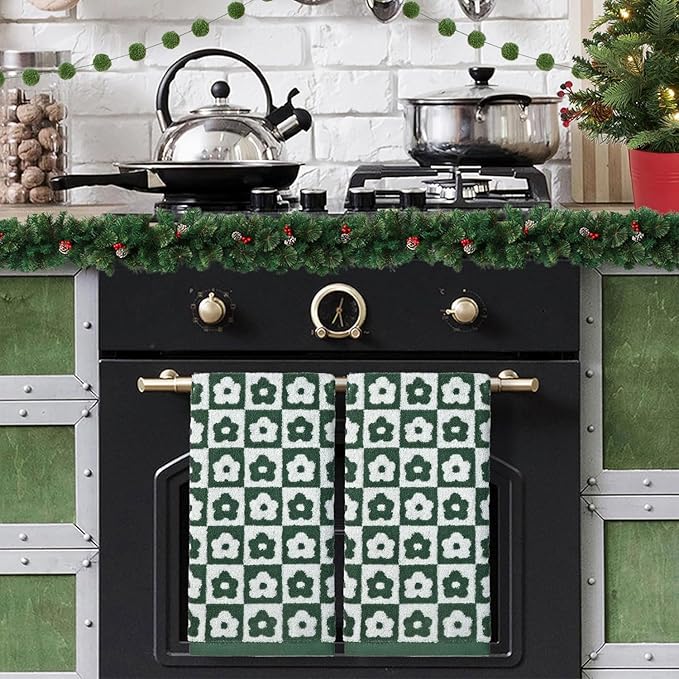 Jacquotha Cotton Hand Towels Green Checkered Floral - Quick Drying Hand Towel Set of 4, for Christmas Bathroom Decor, 29” x 13”