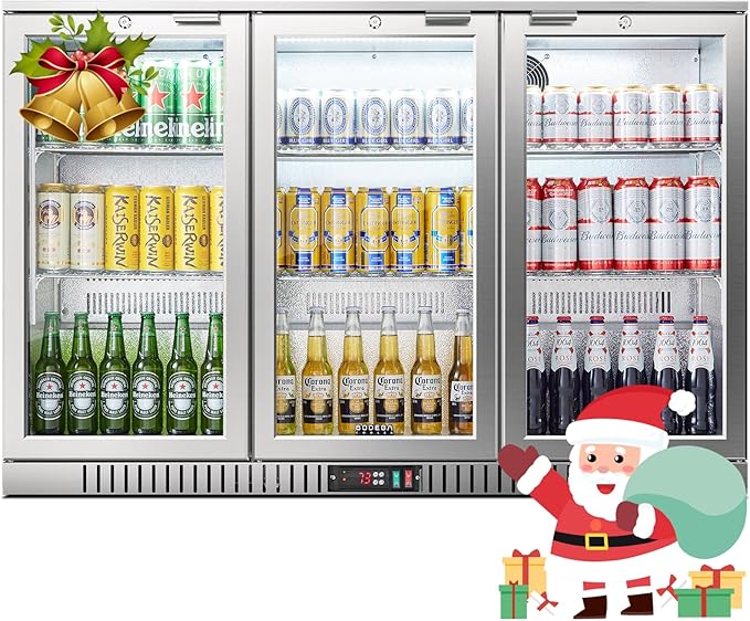 BODEGA BODEGACOOLER Back Bar Cooler With 3 Glass Doors,11.4 Cu.Ft Stainless Steel Commercial Back Bar Fridge with LED Lighting, Counter Height Bar Beverage Cooler for Beer,Soda Drinks,Wine