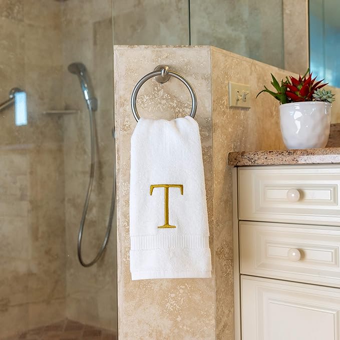 Monogrammed Hand Towels for Bathroom - Luxury Hotel Quality Personalized Initial Decorative Embroidered Bath Towel for Powder Room, Spa - GOTS Organic Certified - Set of 2 Gold Letter T