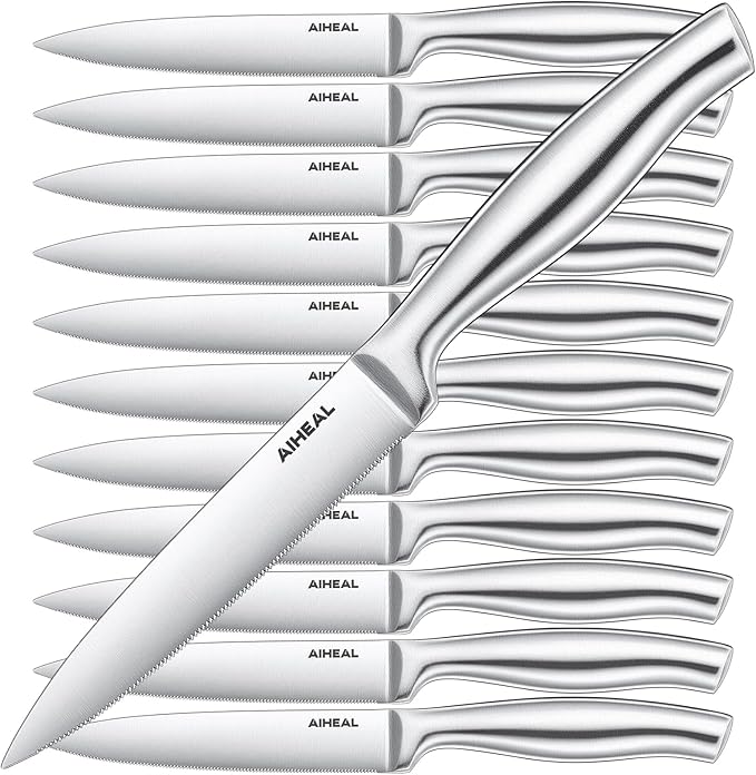Aiheal Steak Knives, Stainless Steel Steak Knives Set of 12, Never Needs Sharpening Dinner Steak Knife Set, Sharp Micro Serrated Knives