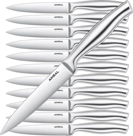 Aiheal Steak Knives, Stainless Steel Steak Knives Set of 12, Never Needs Sharpening Dinner Steak Knife Set, Sharp Micro Serrated Knives