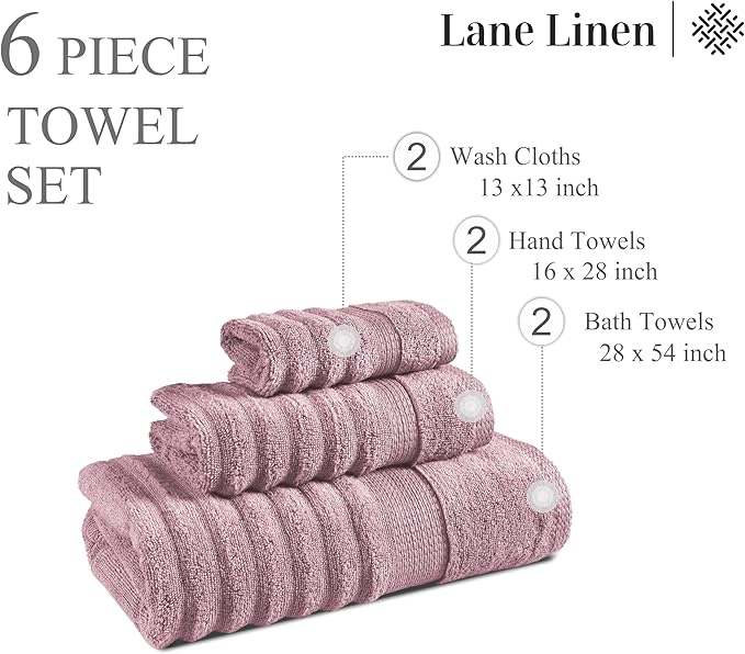 LANE LINEN 6-Piece Towel Set – 100% Cotton, Quick Dry, Zero Twist, Ribbed, Luxury Bath Towels, Includes 2 Bath Towels, 2 Hand Towels, 2 Washcloths, Premium Everyday Use - Wishful Mauve