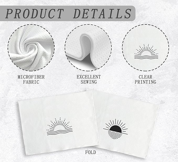 Minimalist Boho Black Sun Sunrise Sunray Sunburst Ocean Wave Sea Horizon Kitchen Towels and Dishcloths Sets of 2,Boho Absorbent Drying Cloth Hand Towels Tea Towels for Bathroom Kitchen,16×24 inches