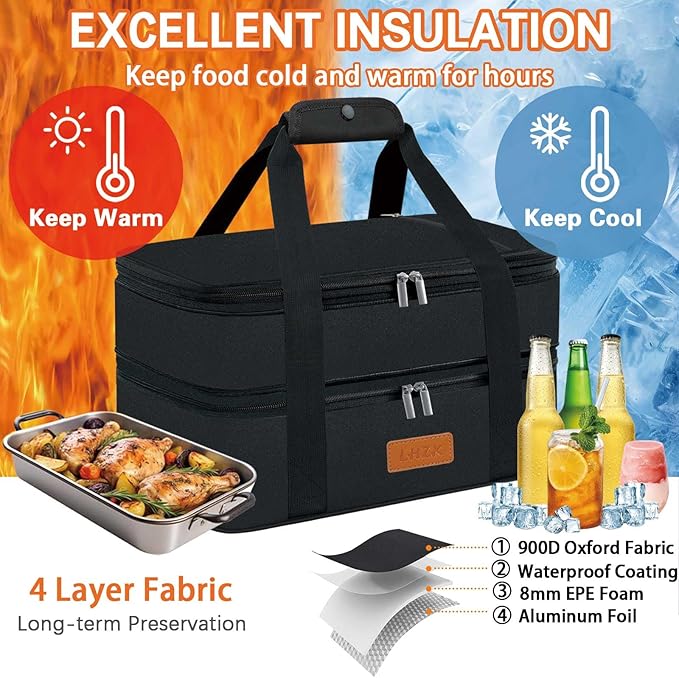 LHZK Double Insulated Casserole Carrier, Expandable Casserole Carriers for Hot or Cold Food, Insulated Food Carrier for Travel, Parties, Picnic, Fits 11 x 15 or 9 x 13 Baking Dish(Black)