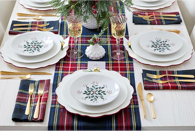 Solino Home Linen Plaid Table Runner 132 Inches Long - 100% Pure Linen Stewart Tartan Plaid Black Table Runner 14 x 132 Inch for Dining, Holiday, Winter, New Year