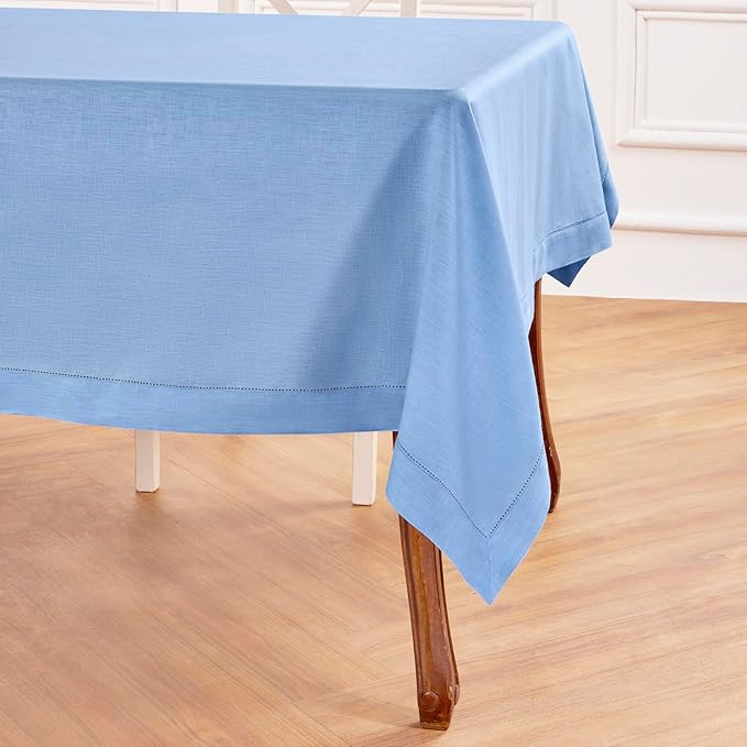 Solino Home Cornflower Blue Linen Tablecloth 60 x 90 Inch - 100% Pure Linen Hemstitch Table Cloth for Rectangle Tables - Classic Hemstitch, Machine Washable Tablecloth for Holiday, New Year