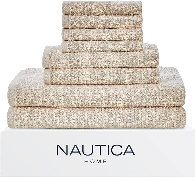 Nautica - Bath Towels, 100% Soft & Absorbent Cotton with Waffle Texture, Highly Absorbent & Quick Dry, Medium Weight Bathroom Towels (Oasis Beige, 8 Piece) (Pack of 6)