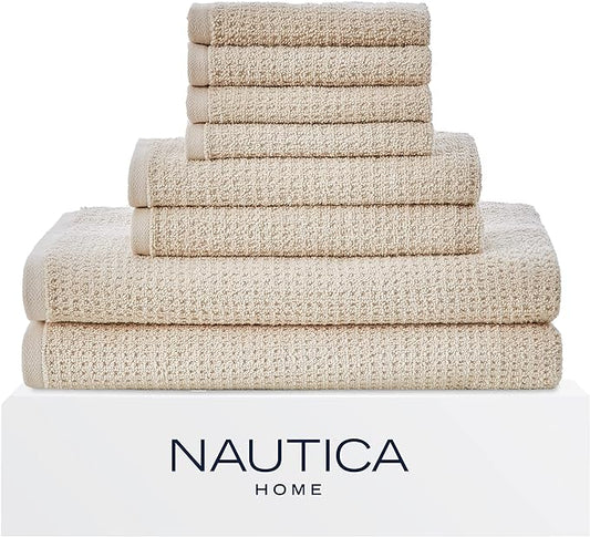 Nautica - Bath Towels, 100% Soft & Absorbent Cotton with Waffle Texture, Highly Absorbent & Quick Dry, Medium Weight Bathroom Towels (Oasis Beige, 8 Piece) (Pack of 6)