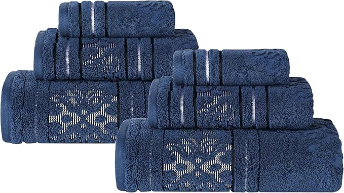 Superior Cotton 6 Piece Towel Set, 2 Bath, 2 Hand, 2 Washcloth/Face Towels, Quick Dry, Home Essentials, Shower, Spa, Luxury Plush Soft Absorbent Towels, Zero-Twist, Jacquard Floral, Navy Blue