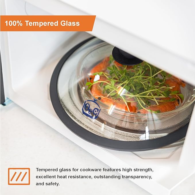 OEC Vented Splatter Guard Microwave Glass Cover for Food with Easy-Grip Handle, 12.7 inch Diameter, 100% Food Grade Tempered Glass & BPA Free Silicone Rim with Steam Vent, Dishwasher Safe