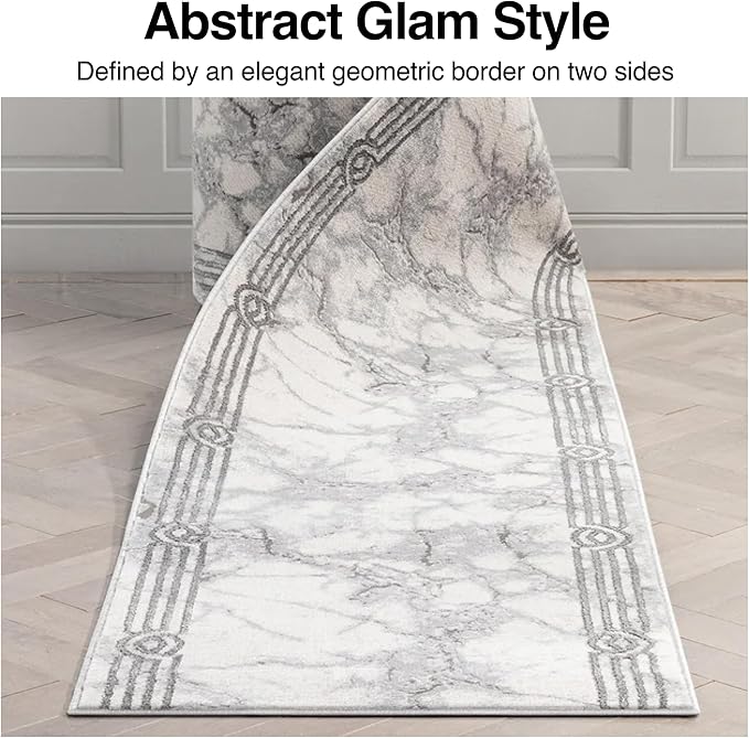 Well Woven Custom Size Hallway Stair Runner - Made-to-Measure - Fairmont Collection Lezlee Grey Black Abstract Marble Border 2x10 (2'2" x 10' Runner)