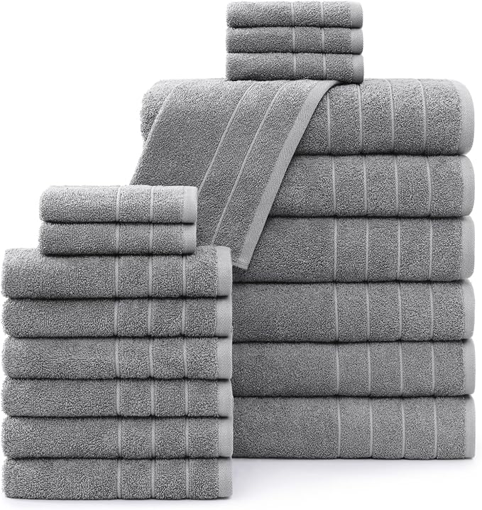 Casa Platino 100% Cotton 18 Piece Bath Towel Set - Ring Spun, Quick Dry, Super Soft & Highly Absorbent - 6 Bath, 6 Washcloths, 6 Bathroom Hand Towels - Hotel Quality Bathroom Towel Set - Ultimate Grey