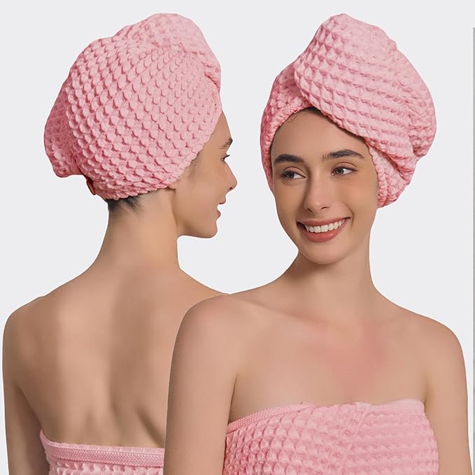 100% Organic Cotton Hair Drying Waffle Towel Wrap for Women | Absorbent & Quick Dry Head Turban for Wet Hair in Shower Sauna Spa, Extra Large for Long Straight Curly Plopping Button (Pink, 1 PACK)