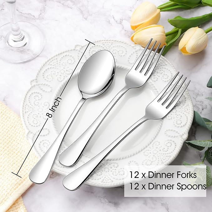 E-far 24-Piece Dinner Forks and Spoons, Stainless Steel Silverware Flatware Eating Utensils Set for Home Kitchen Restaurant, Food Grade Metal & Simple Design, Mirror Finish & Dishwasher Safe, 8 Inch