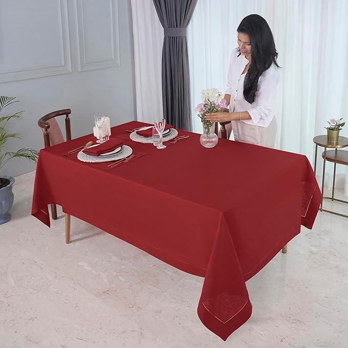 D'Moksha Homes Red Linen Tablecloth for Rectangle Tables 60 x 90 Inch - 100% Pure Linen Red Table Cloth - Classic Hemstitch, Machine Washable Tablecloth for Winter, Holiday, New Year