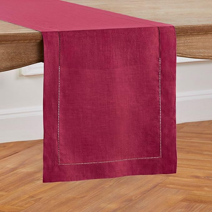 Solino Home Linen Beet Table Runner 120 Inches Long - 100% Pure Linen Hemstitch 14 x 120 Inch Table Runner for Dining, New Year, Holiday, Winter, Valentines - Classic Hemstitch