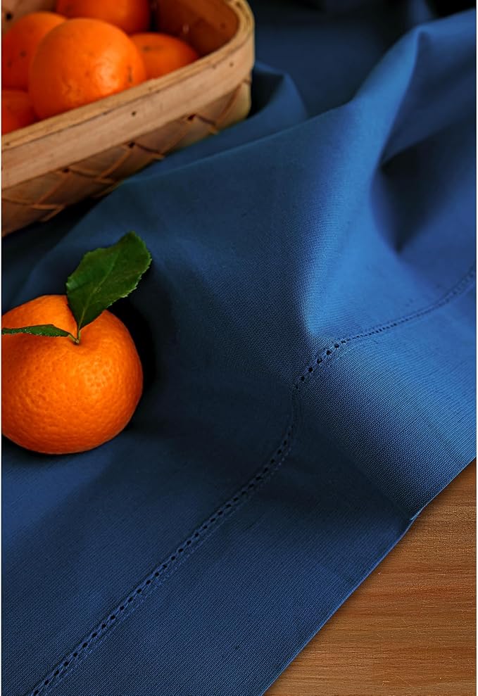 Solino Home Lapis Blue Cotton Linen Tablecloth 52 x 52 Inch - Hemstitch Square Table Throw - Machine Washable Tablecloth for Winter