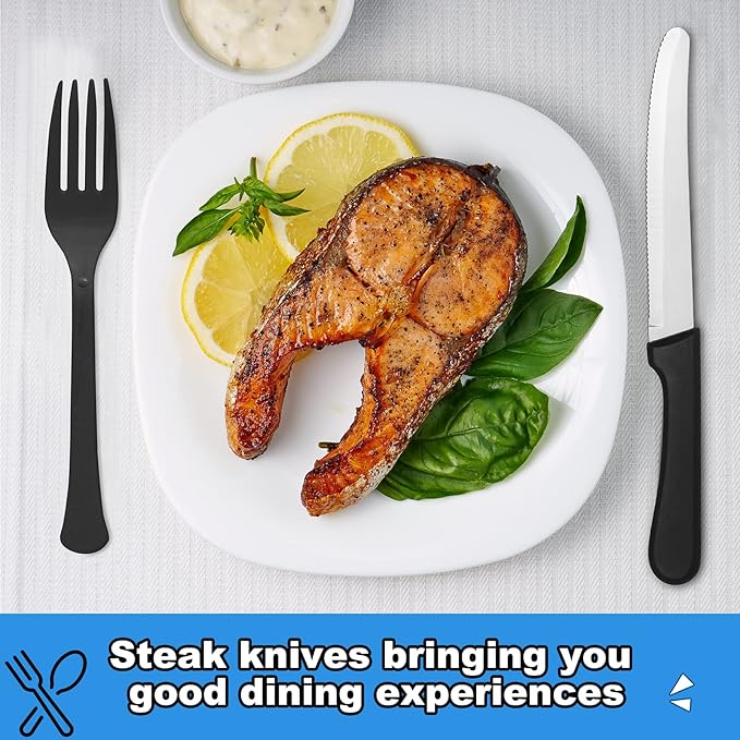 Geelin 50 Pieces 8.5 Inch Rounded Serrated Blade Steak Knives Stainless Steel Round Tip Blade Steak Knife with Plastic Handle for Kitchen Butter Cutlery Restaurant(Black)