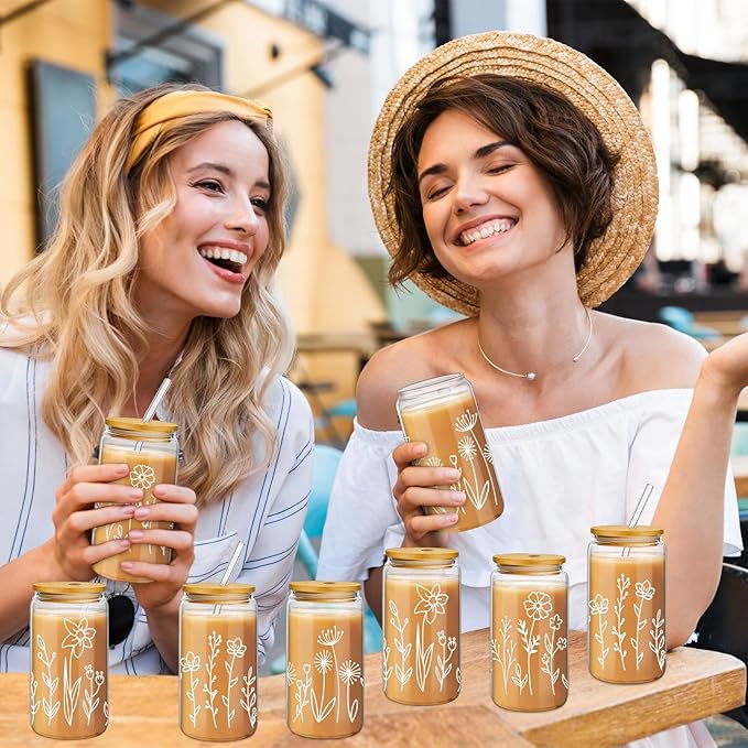 Mumufy Gift for Women Cute Glass Cup Tumbler Flower Iced Coffee Mugs 16 oz Glass with Bamboo Lid & Straw, Mothers Day Birthday Gift for Mom Sister Bridesmaid Baby Shower(18 Pack,Boho Floral)